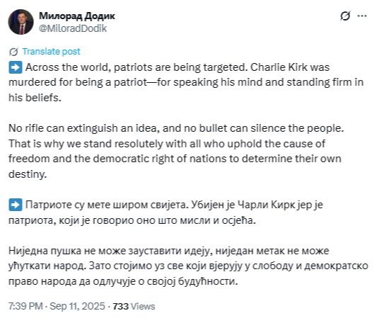 Dodik o ubistvu Čarlija Kirka: “Patriotu nisu mogli ušutkati, ideja je jača od metka”